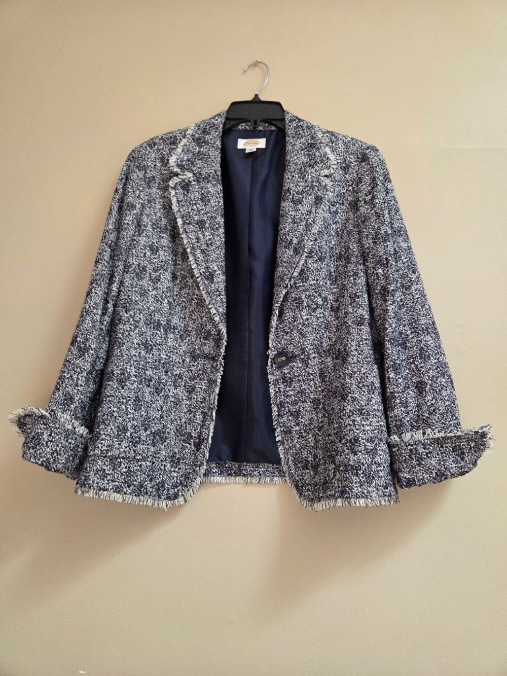 Talbots Women's Tweed Blazer Jacket 14 Navy/White Chambray Button Chic Old Money